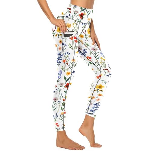KevaMolly Women Yoga Pants with Phone Pockets High Waisted Leggings Petite Length Workout Activewear Yellow Floral Print M