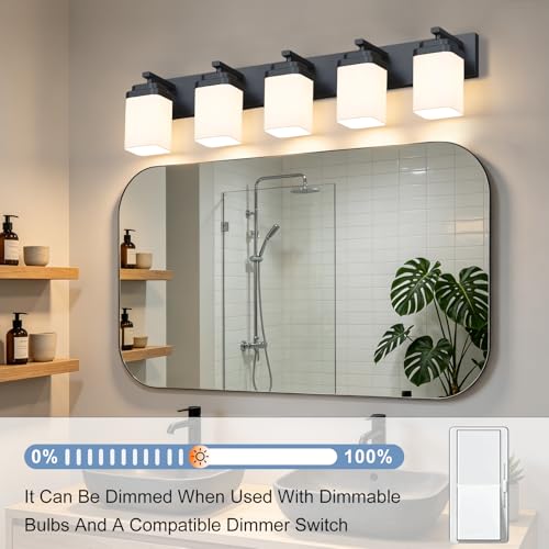 Image of Matte Black Bathroom Light Fixtures, 5 Lights Bathroom Lighting Fixtures Over Mirror, Square Design & Rectangle Large Backplate, Modern Vanity Lighting Fixtures, for Living Room /Bedroom