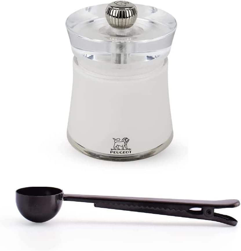 Peugeot Bali Acrylic White Salt Mill Gift Set 3.15" - With Stainless Steel Spice Scoop/Bag Clip