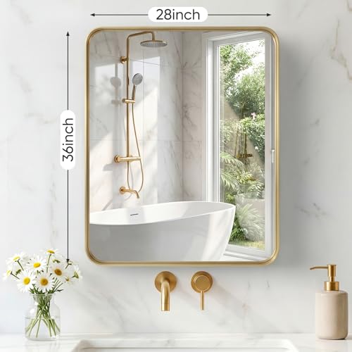 Image of Sweetcrispy Bathroom Mirror 36x28 Inch Metal Framed Rounded Rectangle Vanity Mirror for Wall, Over Sink, Farmhouse, Restroom, Anti-Rust, Modern Decorative, Horizontal or Vertical Hanging, Gold