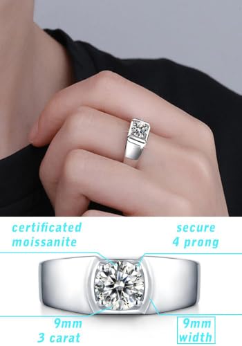 Moissanite S925 Solitaire Men's Engagement Ring, 1ct 2ct 3ct D Color VVS Clarity Round Brilliant Cut Lab Created Diamond Classic 4 Prong 925 Sterling Silver 18K Platinum Plated Promise Wedding Anniversary Band Size Adjustable with Certificate and Gift Box3