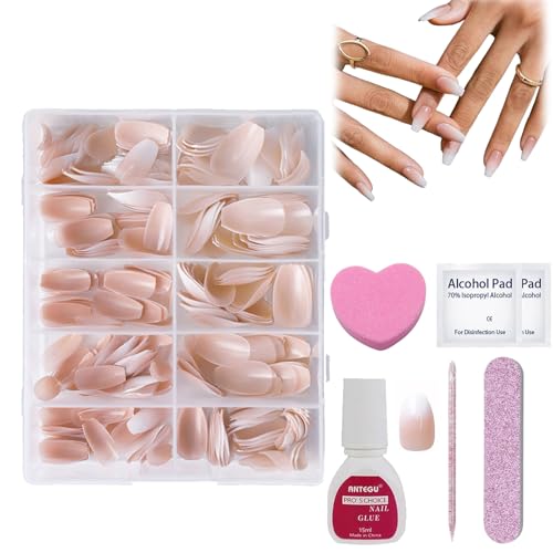 Gfamous 360 Piezas Uñas Postizas Punta Francesa,French Press on Nail, Ataúd Largo Uñas Postizas de Punta,juego de 8 piezas Kit de Uñas Postizas Francesas,12 tamaños,gradiente rosa
