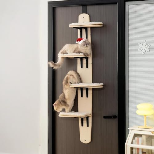 URZCT Door Hanging Cat Tree Door Hanging Cat Shelf with Soft Mat 4-Levels Over The Door Cat Climber for Indoor Cats(Wooden-67.3 H X 23.2 L X 8.3 W)
