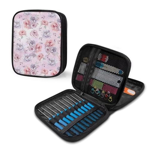 Image of Floral Crochet Hook Case with Web Pockets Leaves Knitting Needle Storage Portable Crochet Storage Organizer for Crochet Hooks, Knitting Needles,Knitting Crochet Supplies