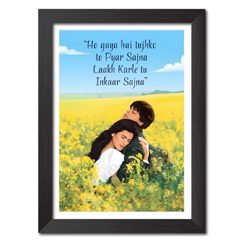 Image of TenorArts Dilwale Dulhania Le Jayenge Poster Bollywood Movie Vector Art Vector Art Posters Photo Framed Painting With Black Wooden Textures (12inches x 9inches)