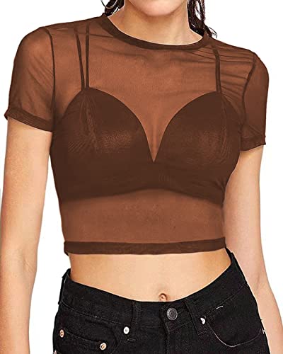 Women's Sexy Slim Mesh Sheer See Through Clubwear Stretchy Shirt Blouse Tops Crop Tops