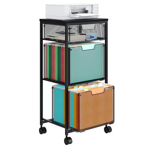 3 Drawer Mobile File Cabinet for Home Office, Rolling Filing Cabinet on Lockable Wheels, Hanging File Folders Organizer, Utility Cart Storage and Organizer, Printer Stand, Black