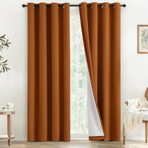 Image of COSVIYA Brunt Orange 100% Blackout Curtains for Bedroom with White Back | 2 Thick Layers Full Room Darkening Thermal Insulated Curtain,Grommet Window Drapes for Living Room, 52x84 Inch, 2 Panels