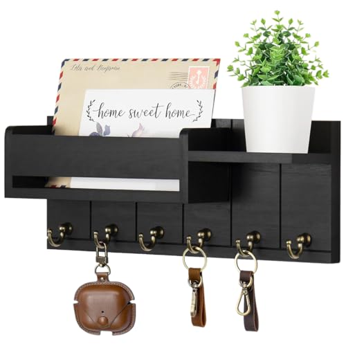 Image of Supvox Wooden Key Holder Wall Mount Rack Stylish Black for Home 12x4.8 Inch