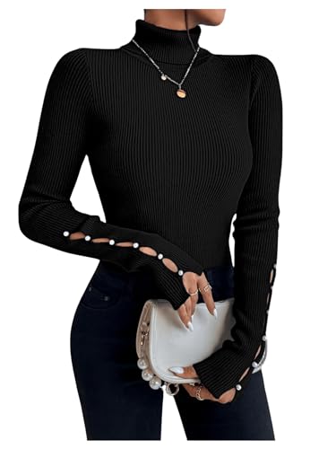 MakeMeChic Women's Rib Knit Turtleneck Cut Out Long Sleeve Slim Fit Fall Sweaters Trendy Pullovers Tops