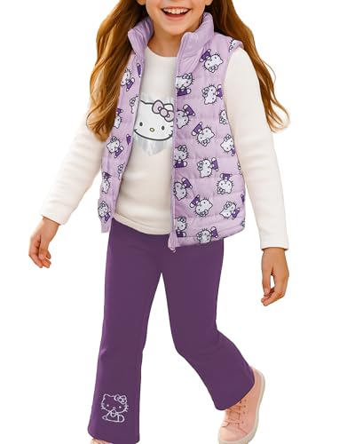 Image of Hello Kitty Girls Pants Set - 3 Piece Zip Up Vest, Long Sleeve Graphic Shirt, Fleece Pants - Matching Set for Girls (2T-12)