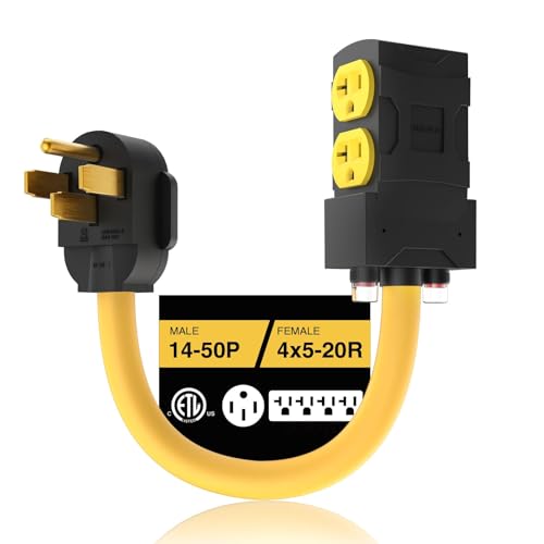 [240V to 120V] 50 Amp to 20 Amp 110 Adapter With Circuit Breaker RV Generator Cord Distribution NEMA 14-50 to 4X 5-15R/5-20R T-Blade Multiple Use ETL Listed 1.5 FT Household Outlet
