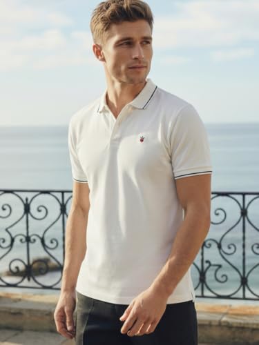 Image of Louis Philippe Men's Slim Fit Single-Tuck Pique Stylized Sleeve Print and Contrast Tipping Half Sleeve Solid Polo Tshirt