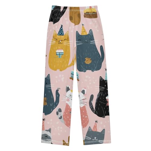Cat Birthday Cake Boys Long Pants Soft Trousers Elastic Waist Kids Lounge Bottoms with Pockets S-XL