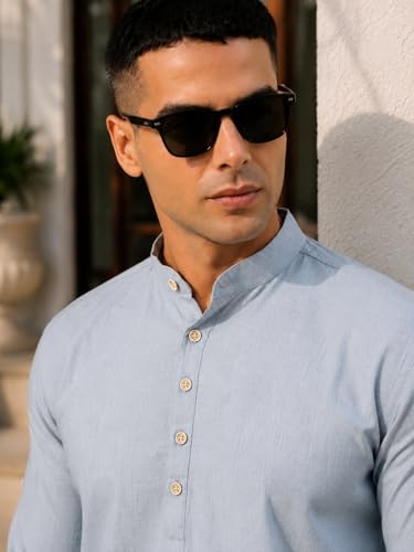 Image of Majestic Man Men's Pure Cotton Solid Mandarin Collar Slim Fit Roll-Up Sleeves Short Kurta Lightweight Summer Kurta for Daily & Occasion Use