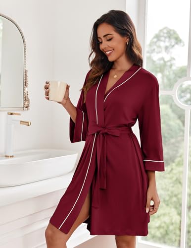 Image of Ekouaer Women Kimono Robes Knee Length Knit Bathrobe Lightweight Soft Sleepwear V-neck Casual Ladies Loungewear