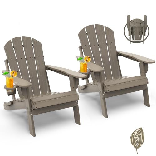 GREENVINES Folding-Adirondack-Chair-Set-of-2 | Wood Grain | HDPE Plastic | Fire Pit Chairs | All Weather | Cup Holder | Desert Brown | for Deck Backya