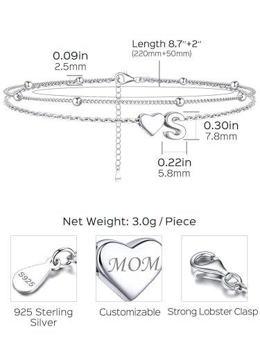 Image of ChicSilver Sterling Silver Anklets for Women Hypoallergenic Womens Ankle Bracelets for Women Layered Heart Anklet With Initials Womens Anklets Jewelry for Mom Wife