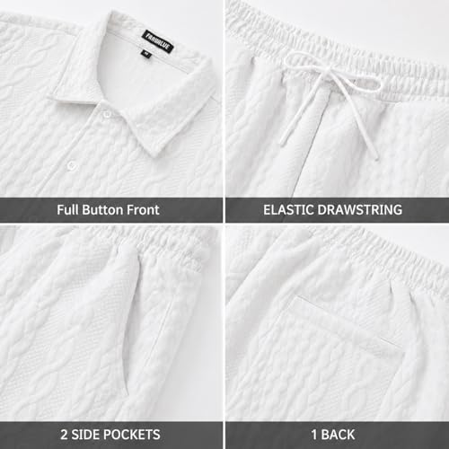 Image of FARVALUE Men Raised Texture 2 Piece Set Short Sleeve Button Down Shirt & Drawstring Pocket Shorts Summer Beach Casual Outfit