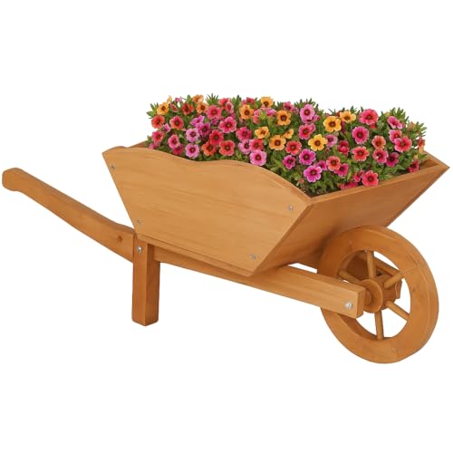 RANRHA Wooden Wheelbarrow Planter – Rustic Outdoor Flower Display Cart, Decorative Garden Planter with Functional Wheel – 73cm x 28cm x 31cm