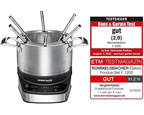 Foto von ROMMELSBACHER Elektro Fondue Set F 1200 - Fonduetopf aus Edelstahl (2,5 Liter), 6 Fonduegabeln, 3 Programme, extra langes Kabel, hohe Temperaturgenauigkeit, 1200 Watt