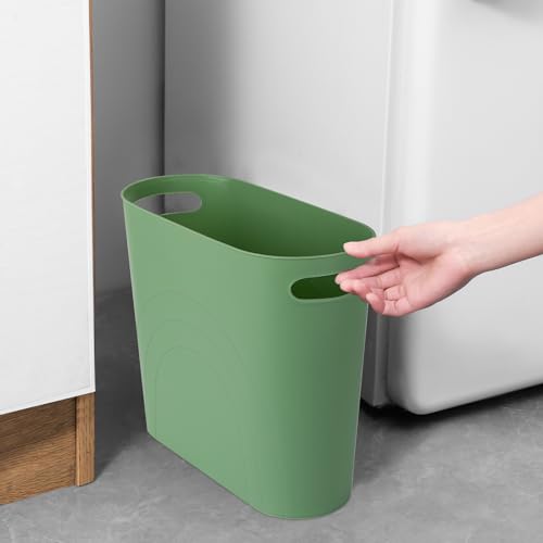 Image of rejomiik Small Trash Can, 3.5 Gallon Slim Garbage Can Plastic Waste Basket with Handles Container Bin for Narrow Spaces Bathroom, Bedroom, Kitchen, Office at Home, Green