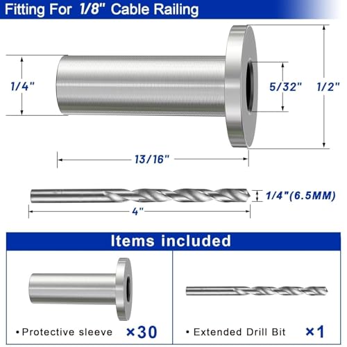 Image of Steel DN Mate 30 Pack Stainless Steel Protector Sleeves for 1 /8 inch Wire Rope, Cable Railing Hardware for Deck /Cable Railing System, T316 Marine Grade, Cable Sleeves Come with a Drill Bit DE100