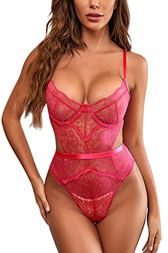 EVELIFE Body Mujer Sexy Lenceria Encaje Transparente Teddy Lingerie rofundo V Ropa Interior Ropa de Dormir (Rosa roja, M)