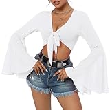 Rave Tops: Sheer tops for women featuring mesh material, bell sleeves, adjustable tie front, deep V neck with ruffle hem, stretchy fabric. Combining classic Gothic, Renaissance style, boho and modern fashion, the top are elegant and stylish, provide ...