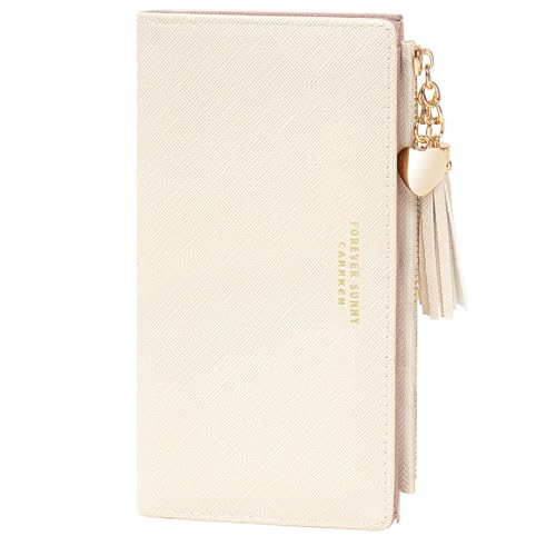 KOTORA Womens Slim Wallet Girls Thin Wallets Pretty Mini Long Card Holder Small Tiny Clutch Zip Purse Love Pendant Tassels Billfold (Beige)