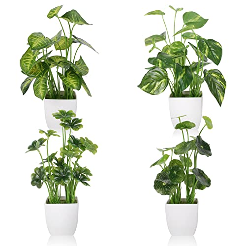 4Pcs Small Fake Plants Potted Artificial Mini Fake Plant Set Greenery Evergreen Lotus Leaf Clover Luau Leaf For Desk Table Home Office Room Bedroom Decoration #TOP4
