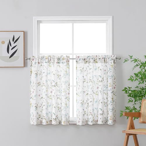Image of Chyhomenyc Roman Kitchen Curtains 30 Inch Length, Linen Blend Textured Small Half Window Curtain, Leaf Floral Printed Light Filtering Short Curtains for Bathroom Basement, 38Wx30L inch, 2PCS
