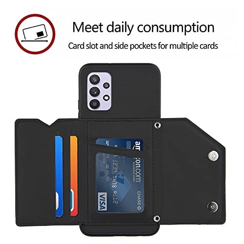 Damondy Case For Samsung A32 5G,Leather Wallet Case With Lanyard Detachable Strap Designs For Girls Women,With Kickstand Card Slots Cover,Protective Phone Case For Samsung Galaxy A32 5G -Black #TOP1