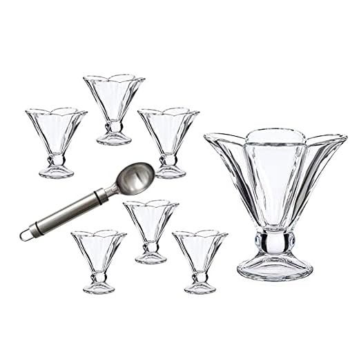 Set de 6 copas de helado de cristal resistente con forma de flor - cuchara de metal para servir helado- copa de 30cl