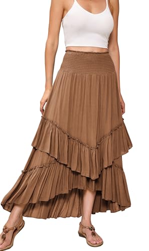 R.Vivimos Long Skirts for Women Summer Boho Smocked Strapless Dress Elastic High Waisted Layered Ruffle Hem Beach Midi Skirt