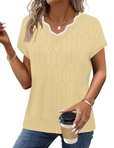 Image of WIHOLL Womens Summer Tops Cap Sleeve Sweater V Neck Shirts Beach Vacation Clothes Business Casual Fashion Clothing