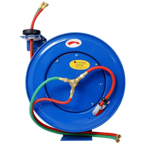Welding Hose Reel Retractable 1/4 Inch x 50Foot / 100 FootTwin Oxygen Acetylene Rubber Hoses STD Duty Max 200PSI Heavy Duty Industrial Single Arm Construction (1/4 Inch x 50Foot)