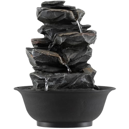 GYMAX Zimmerbrunnen, Tischbrunnen mit drehender Kristallkugel & bunter LED-Beleuchtung, Kleiner Zen Springbrunnen, Dekoratives Wasserspiel, 21,5 x 21,5 x 26 cm (Stil 2 + ohne Beleuchtung)
