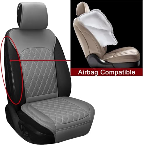 Image of Front Car Seat Covers - Leather Seat Covers with Storage Pocket and Two Belt Pads, Anti-Slip Waterproof Universal Seat Covers for Cars Fit Cars Trucks SUV(Grey,2 Pack)