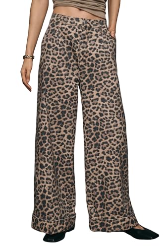 LifeShe Wide Leg Leopard Jeans for Woman Mid Rise Baggy Cuffed Jeans Cheetah Print Barrel Denim Pants