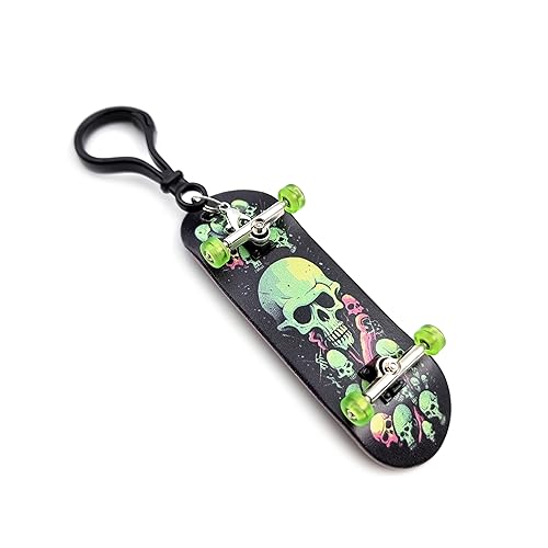 SPITBOARDS 32 x 96 mm Fingerboard Complete Wood Set-Up Assembled, Silver Trucks with Bushings and Nuts, CNC Bearing Wheels in Transparent Green, Lasered Grip Tape Lime Green Skull and Bones - Thumbnail 7