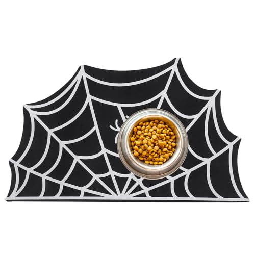 Halloween Dog Cat Mat for Food & Water Gothic Spider Web Pet Feeding Mat for Floors Waterproof Dog Cat Food Mats Super Absorbent Placemat for Pet Food Water Bowl Pets Accessories 20x12