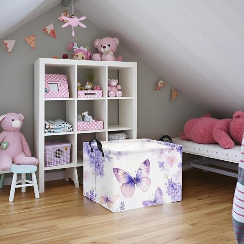 Image of Rectangular Kids Storage Basket Baby Storage Basket with Handles for Home Kitchen Boys and Girls Cute Toy Storage Bin Organizer Shelf Book Room Decor(Purple Butterfly)