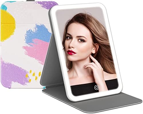 Rechargeable Travel Lighted Makeup Vanity Mirror with PU Leather Cover, Portable Travel Makeup Mirror with Lights, 3 Color Lighting,Touch Sensor Dimmable, Light Up Tabletop Cosmetic Mirror Folding