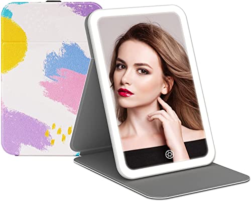 Rechargeable Travel Lighted Makeup Vanity Mirror With Pu Leather Cover, Portable Travel Makeup Mirror With Lights, 3 Color Lighting,Touch Sensor Dimmable, Light Up Tabletop Cosmetic Mirror Folding #TOP3
