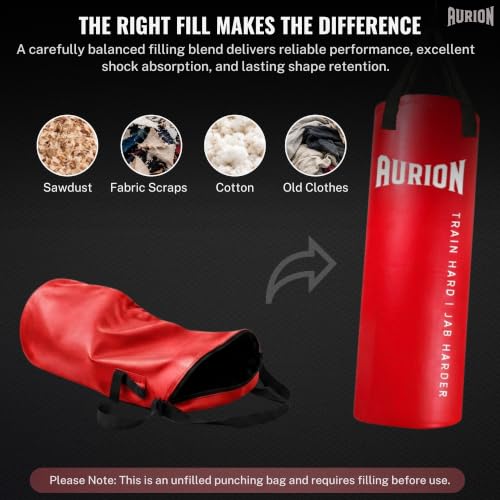 Image of Aurion 4ft Unfilled Heavy Punching Bag | Premium PU Leather Boxing Bag for Home Gym & MMA | Durable Triple-Stitched Nylon Straps for Muay Thai, Kickboxing & Martial Arts Training (Red)