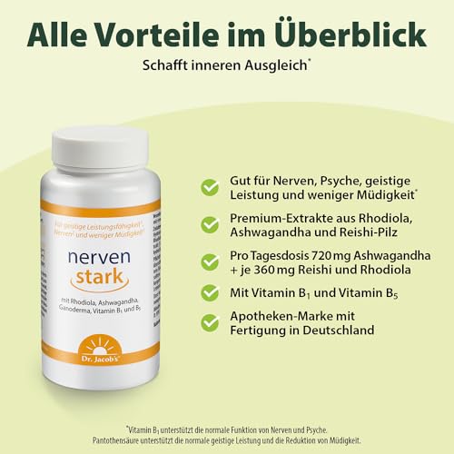 Dr. Jacob’s nervenstark Dose 50 g I für geistige Leistung und weniger Müdigkeit¹ I mit Ashwagandha, Rhodiola und Reishi, 100 pflanzliche Kapseln