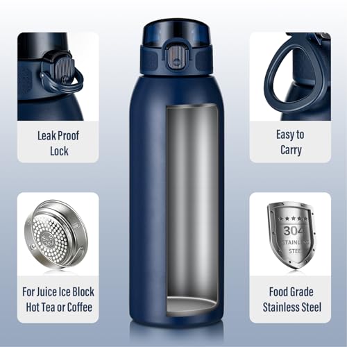 Image of Insulated Water Bottle 24 oz with Dustproof Lid, Carry Handle & Tea Infuser, BPA-Free & Leakproof, Stainless Steel Water Bottles Ideal for Fitness, Hiking, Office & Outdoor Use (Dark Blue)