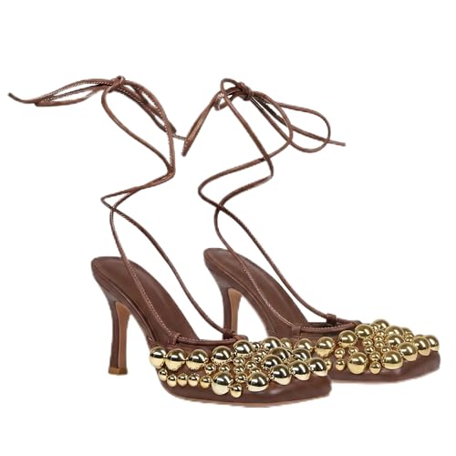Image of Saint Leia Women's 4IN High Heel Sandals Nude Stiletto Pumps with Gold Silver Pearls Heels for Weddings Parties and Evening Wear