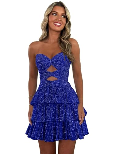 Sequin Strapless Homecoming Dresses Short Prom Dress Cut Out Sparkly Tiered A-Line Cocktail Party Gown UU213